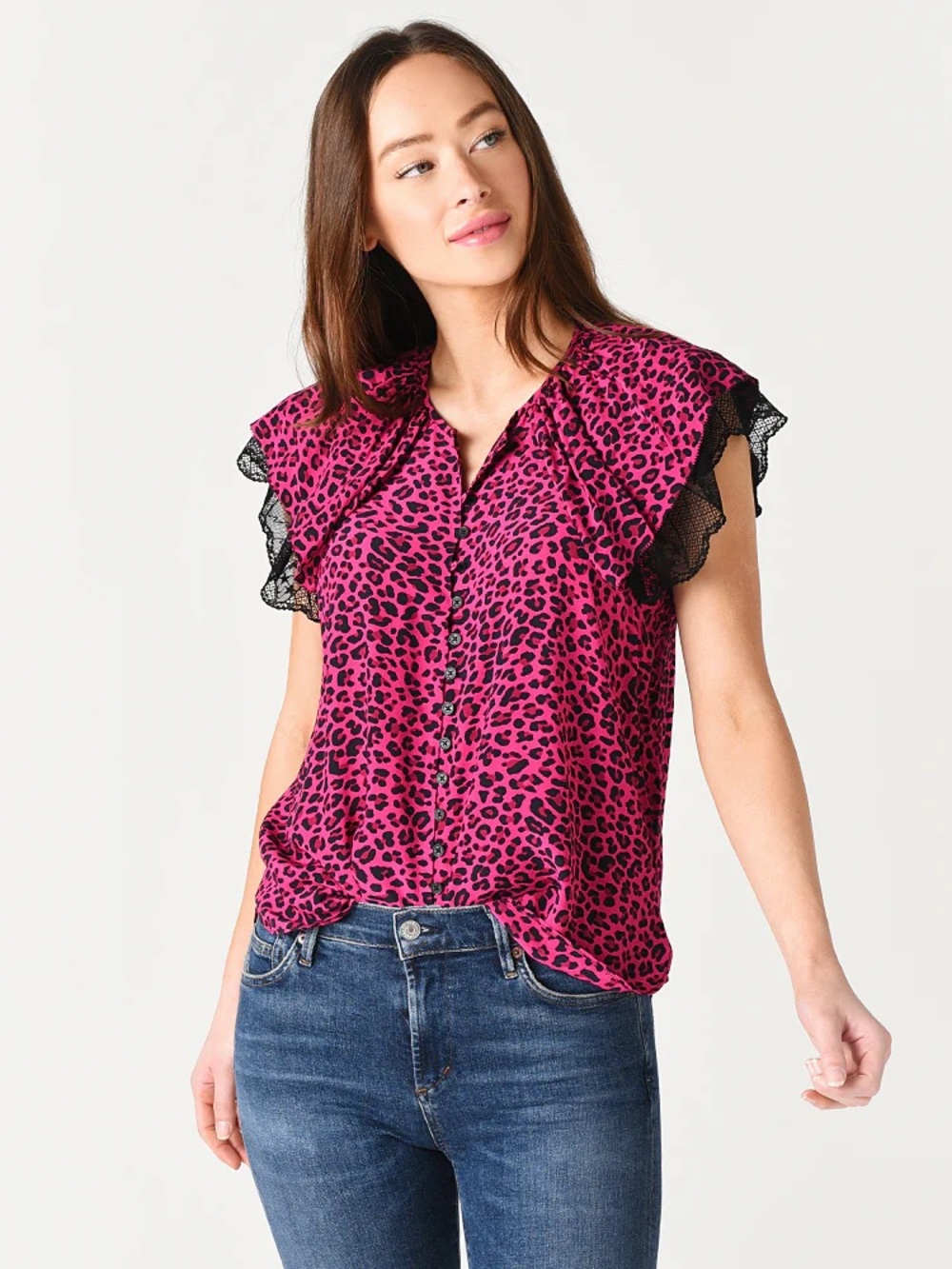 Zadig & Voltaire Wmns Tinker Print Leopard Print Flutter Slv Blouse w Lace Trim
